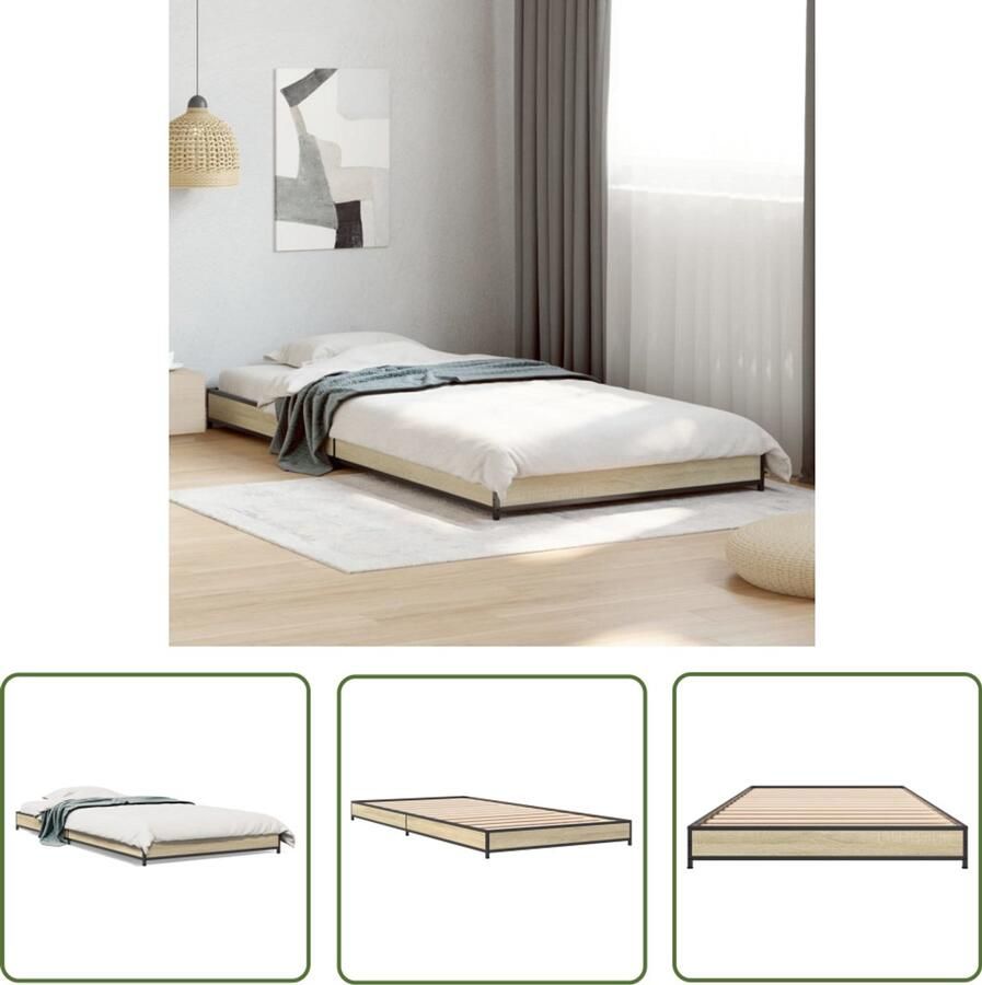 VidaXL Houten Bed Frame Slaapcomfort Bedframe bewerkt hout en metaal sonoma eikenkleurig 100x200 cm Bed Frame Bruin Sonoma Eiken Kleur Tweepersoons Bed