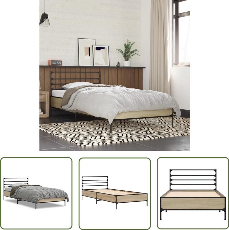 VidaXL Houten Bed Frame Slaapcomfort Bedframe bewerkt hout en metaal sonoma eikenkleurig 90x200 cm Bed Frame 90x200 Bruine Bedbank Sonoma Eiken Kleur