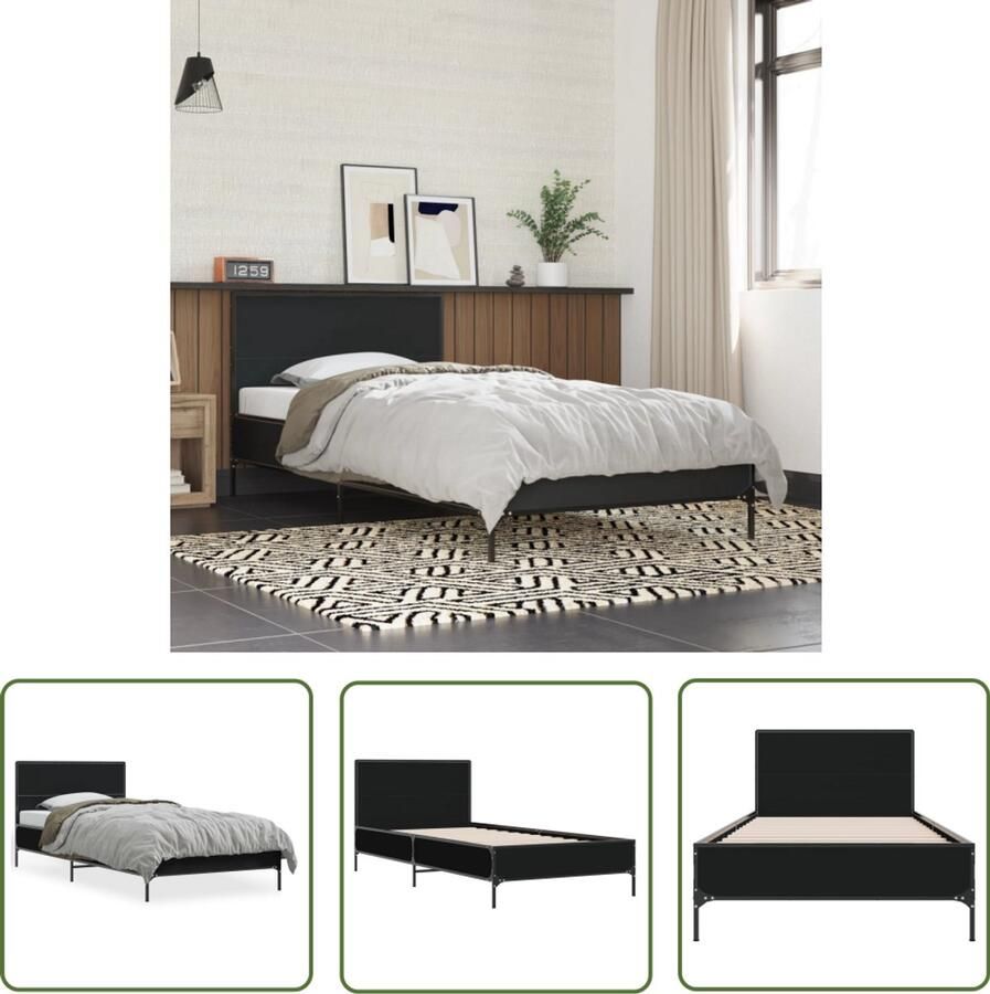 VidaXL Houten Bed Frame Slaapcomfort Bedframe bewerkt hout en metaal zwart 100x200 cm Bed Frame Zwart Tweepersoons Bed Boxspring Bed