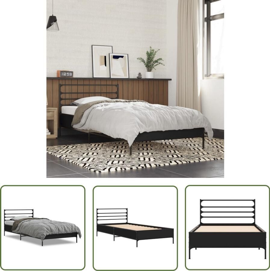 VidaXL Houten Bed Frame Slaapcomfort Bedframe bewerkt hout en metaal zwart 100x200 cm Bed Frame Zwart Tweepersoons Bed Compact Bed