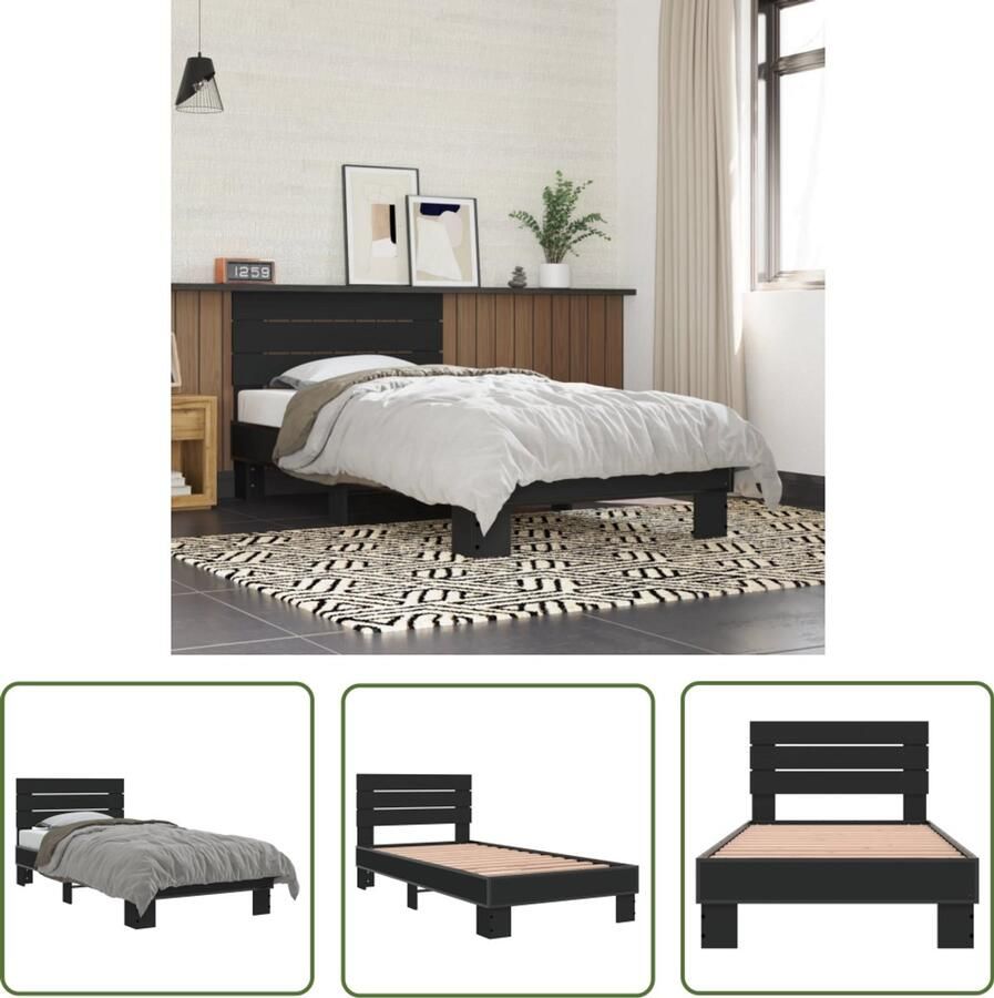VidaXL Houten Bed Frame Slaapcomfort Bedframe bewerkt hout en metaal zwart 75x190 cm Bed Frame Zwart Compact Bed Tweepersoons Bed
