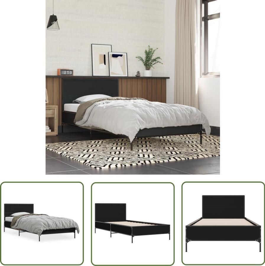 VidaXL Houten Bed Frame Slaapcomfort Bedframe bewerkt hout en metaal zwart 90x190 cm Bed Frame Zwart Tweepersoons Bed Boxspring Bed