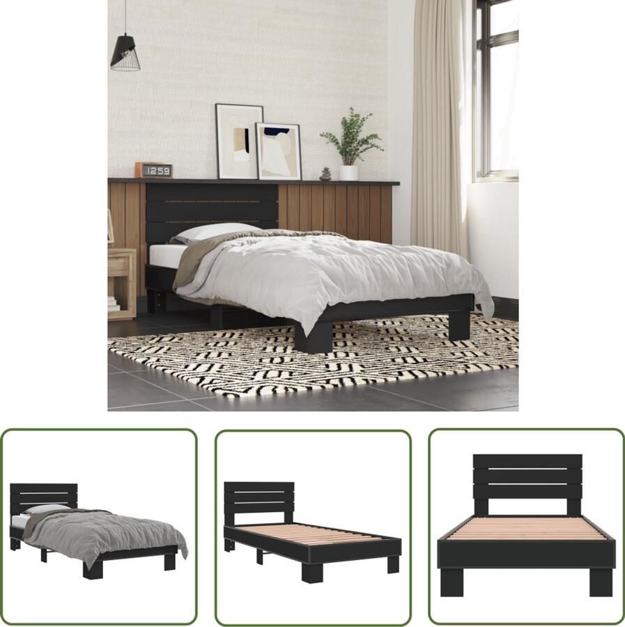 VidaXL Houten Bed Frame Slaapcomfort Bedframe bewerkt hout en metaal zwart 90x200 cm Tweepersoons Bed Boxspring Bed Zwarte Bedbank