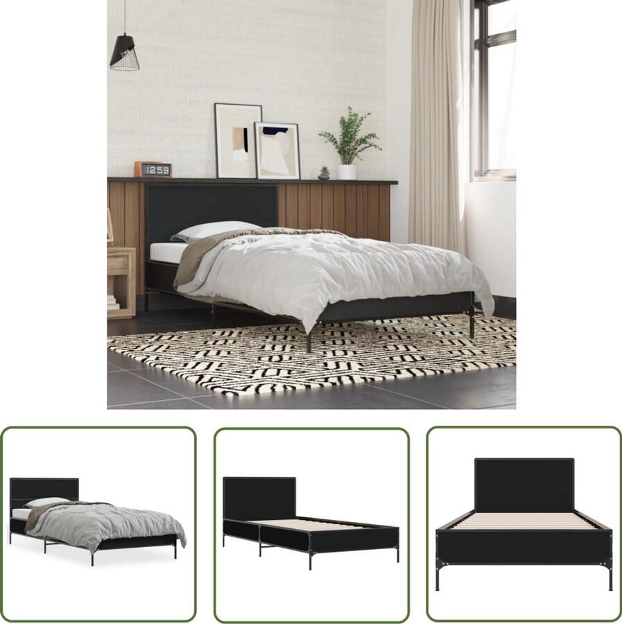 VidaXL Houten Bed Frame Slaapcomfort Bedframe bewerkt hout en metaal zwart 90x200 cm Tweepersoons Bed Zwarte Bedbank Bed Met Hoofdbord