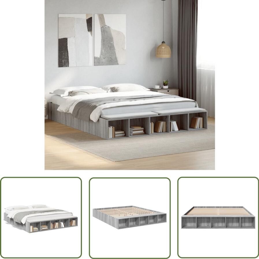 VidaXL Houten Bed Frame Slaapcomfort Bedframe bewerkt hout grijs sonoma eikenkleurig 200x200 cm Bed Frame 200x200 Grijze Bedbank Sonome Eiken