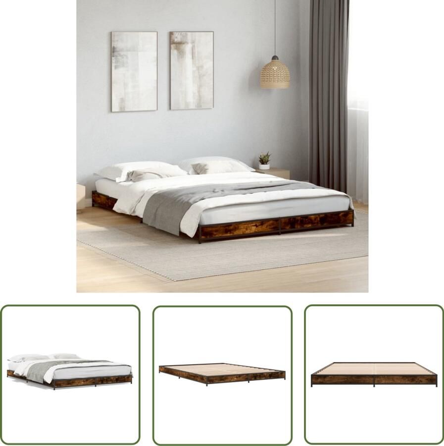 VidaXL Bedframe bewerkt hout metaal gerookt eikenkleurig 150x200 cm Slaapcomfort Houten Bed Frame Bruine Bedbank Tweepersoons Bed Boxspring Bed