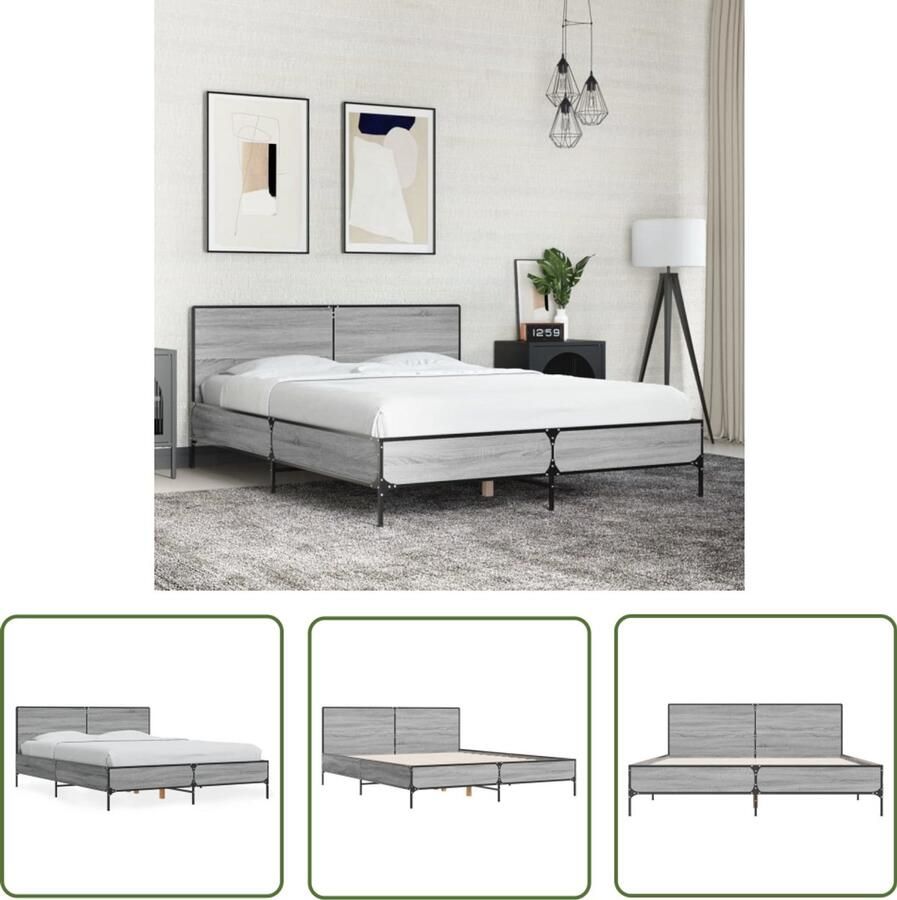 VidaXL Houten Bed Frame Slaapcomfort Bedframe bewerkt hout metaal grijs sonoma eiken 140x190 cm Grijs Bed Tweepersoons Bed Frame 140x190
