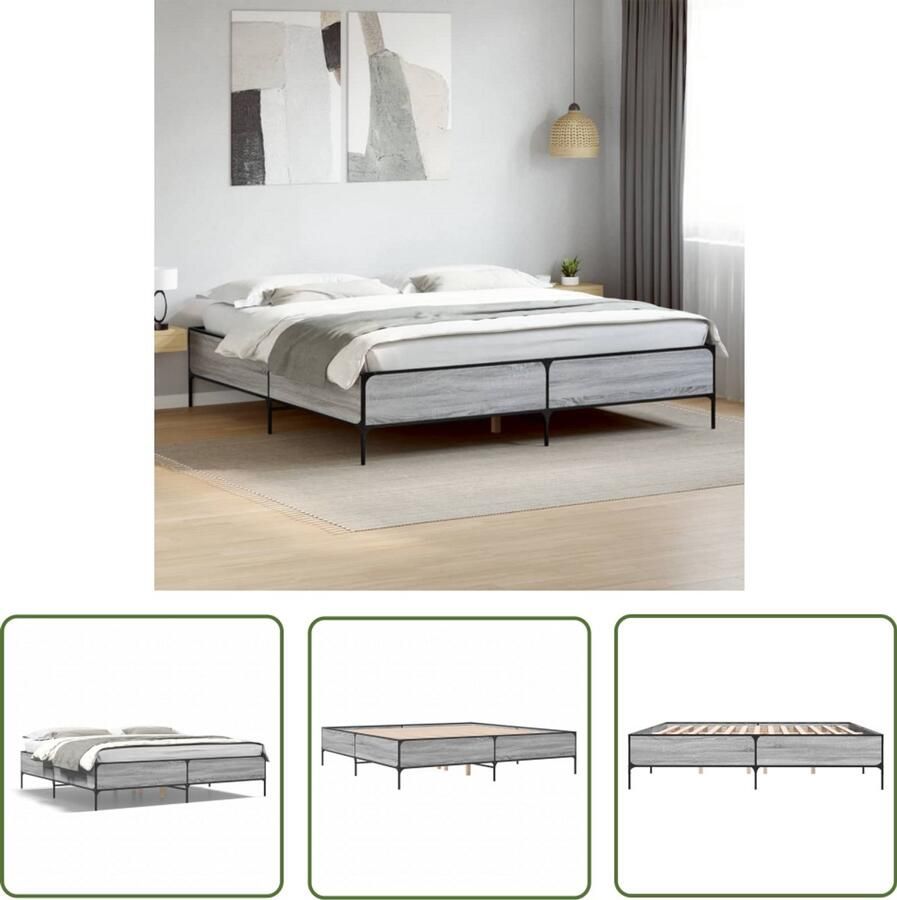 VidaXL Houten Bed Frame Slaapcomfort Bedframe bewerkt hout metaal grijs sonoma eiken 180x200 cm Grijs Bed Tweepersoons Bed Boxspring Bed