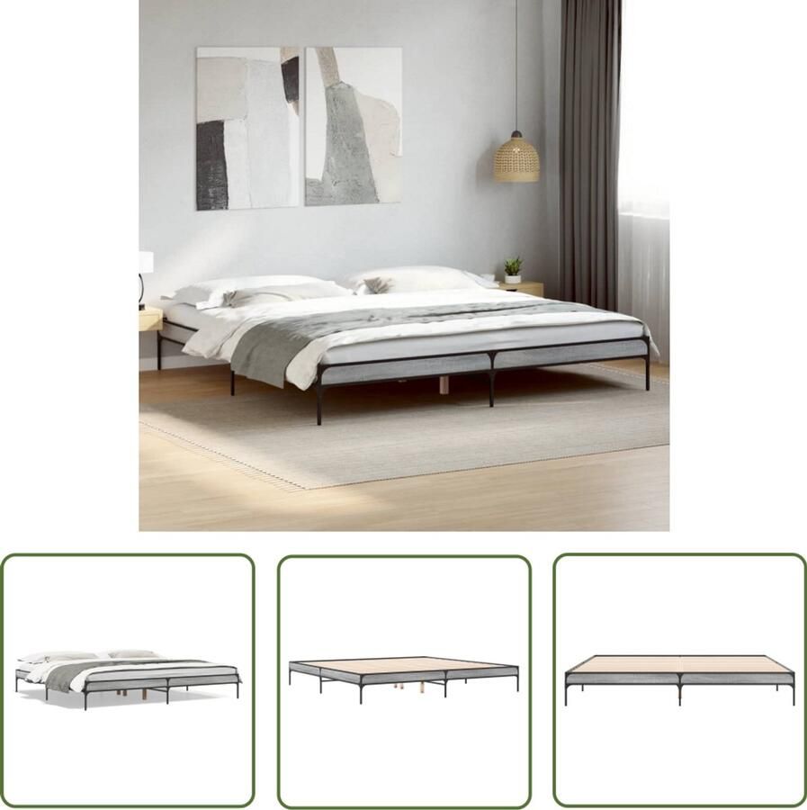 VidaXL Bedframe bewerkt hout metaal grijs sonoma eiken 200x200 cm Slaapcomfort Houten Bed Frame Bed 200x200 Grijze Bedbank Sonoma Eiken