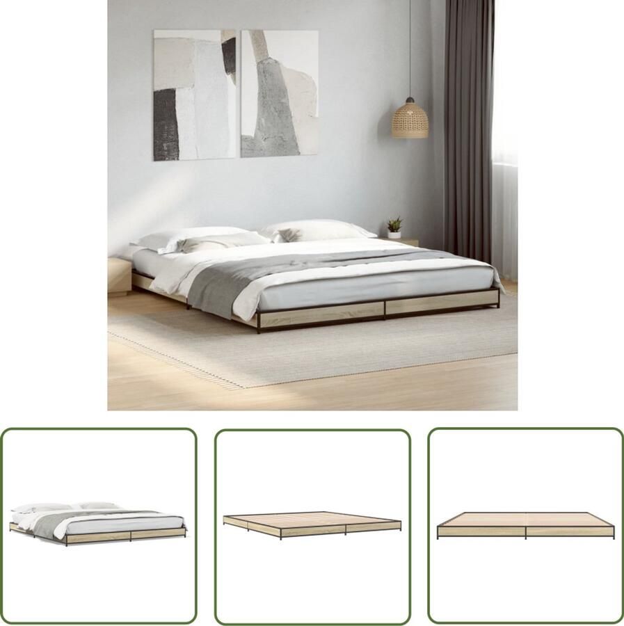 VidaXL Houten Bed Frame Slaapcomfort Bedframe bewerkt hout metaal sonoma eikenkleurig 200x200 cm Bed Frame 200x200 Sonoma Eiken Design Bed