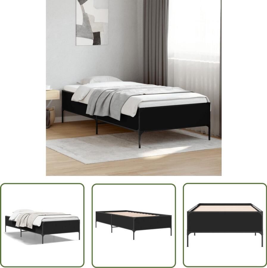 VidaXL Houten Bed Frame Slaapkamermeubilair Bedframe bewerkt hout en metaal zwart 90x190 cm Bed Frame Zwart Enkelbed Tweepersoonsbed
