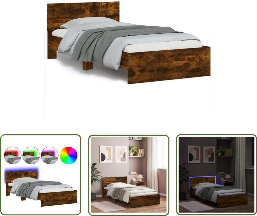 VidaXL Bedframe met hoofdbord en LED gerookt eikenkleur 100x200 cm Stijlvolle Bed Frame Houten Bed Frame Modern Bed Frame Led Bed Frame Bruine Bed Frame