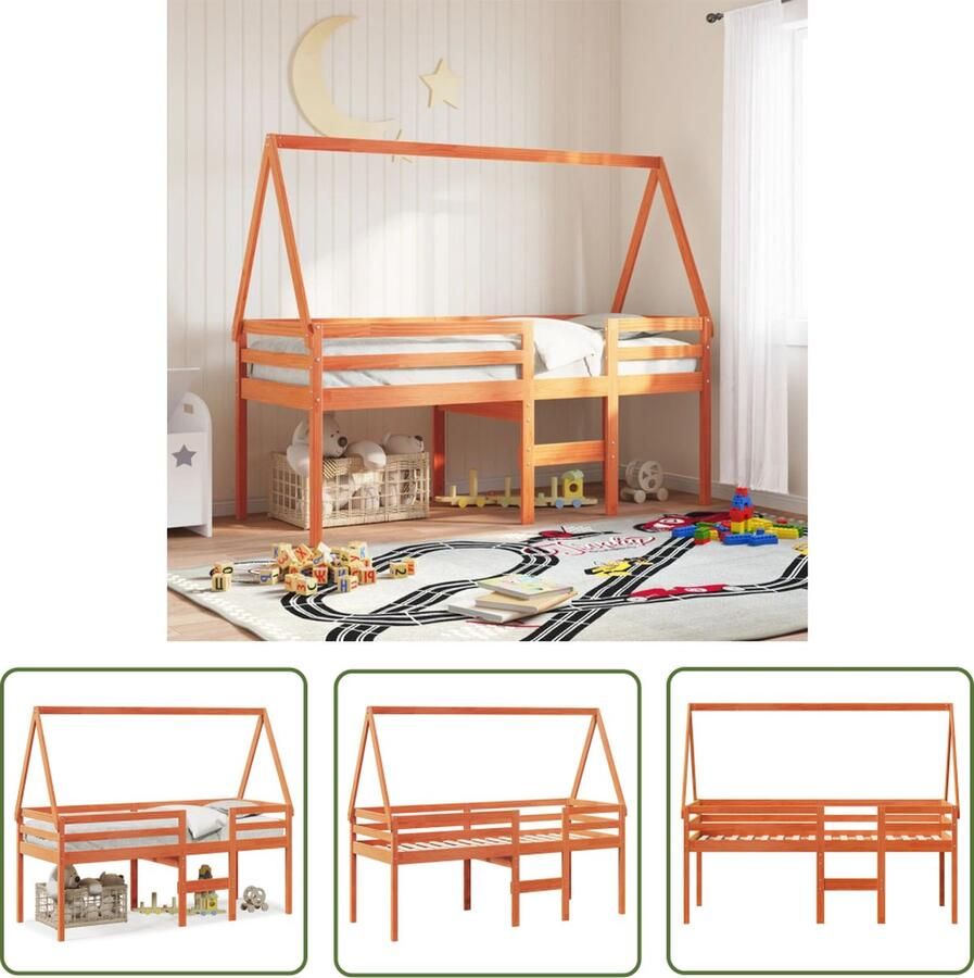 The Living Store Hoogslaper met bedhuis massief grenenhout wasbruin 80x200 cm Hooghslaper Houten Bed Kids Bed Kinderbed Tweepersoonsbed