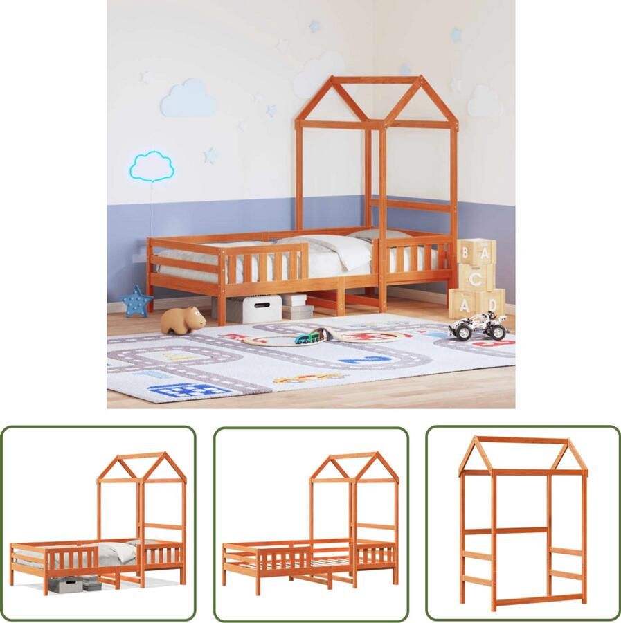 VidaXL Houten Bed Kinderbed Bedframe met huisje massief grenenhout wasbruin 90x190 cm Grenenhout Bed Frame Kids Bed