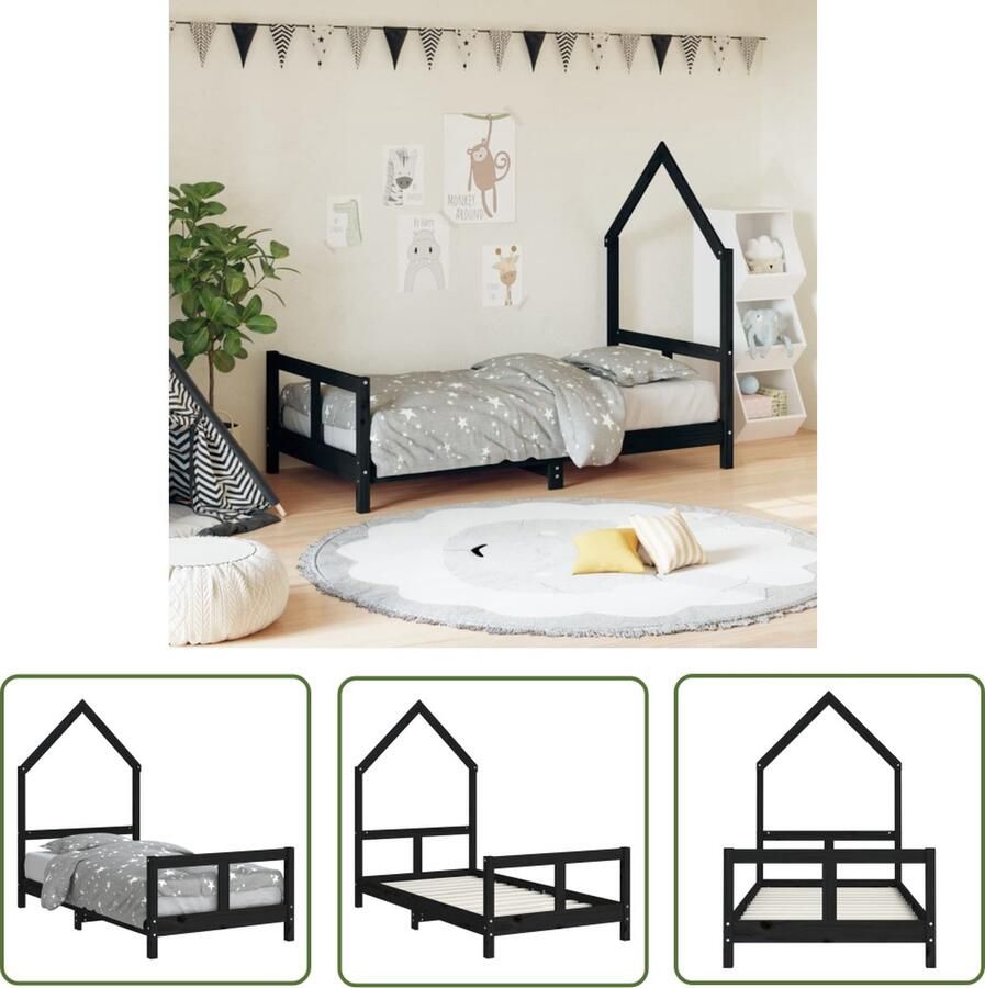 The Living Store Kinderbedframe Huisontwerp Massief grenenhout 165.5 x 85.5 x 131 cm Zwart Kinderbed Frame Houten Bed Kids Bed Kinderkamer Decoratie Huisvormig Bed