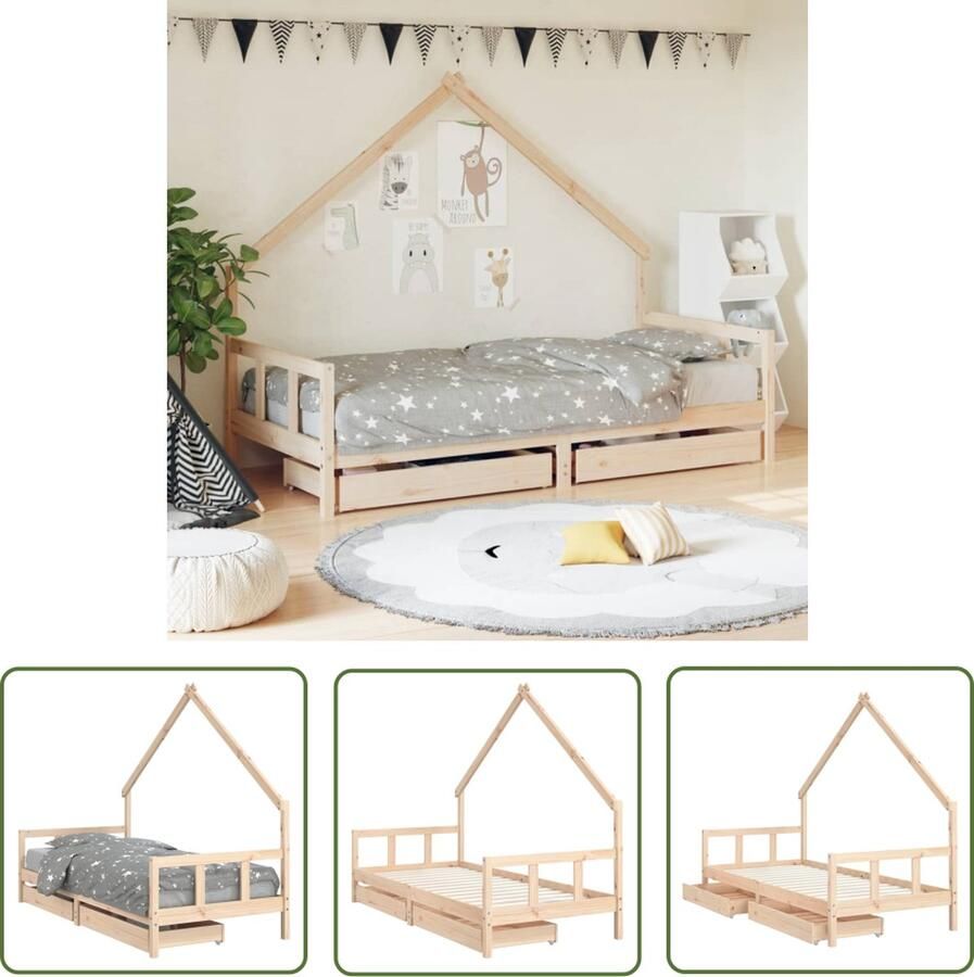 The Living Store Houten Kinderbedframe Massief Grenenhout Stevige Lattenbodem Bed met Huisontwerp Opberglade Doordacht Ontwerp 205.5 x 95.5 x 163.5 cm Geschikt voor Kind van 4+ Montage Vereist