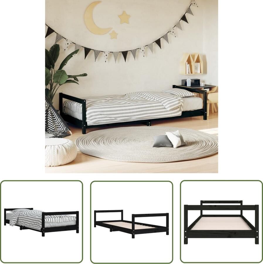 The Living Store Kinderbed Houten Bedframe Massief Grenenhout 205.5 x 95.5 x 45 cm (L x B x H) Met Stevige Lattenbodem Zwart Kinderbed Frame Houten Bed Grenenhouten Bed Kids Bed Peuterbed