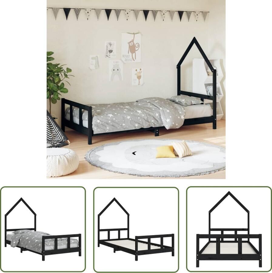 The Living Store Kinderbedframe Houten peuterbed in huisontwerp Massief grenenhout Stevige lattenbodem Zwarte kleur 205.5 x 95.5 x 136 cm (L x B x H) Geschikt voor 90 x 200 cm matras Voor kinderen vanaf 4 jaar Montage vereist