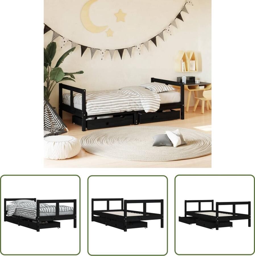 The Living Store Houten Kinderbedframe Massief Grenenhout Met Opberglade 165.5 x 85.5 x 55 cm Zwart Kinderbed Frame Houten Bed Kids Bed Grenenhouten Bed Zwarte Kinderkamer