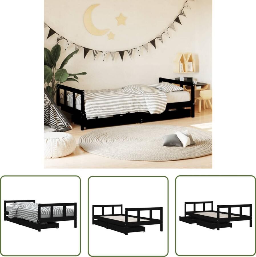 The Living Store Kinderbedframe Massief grenenhout Opberglades Functioneel ontwerp 195.5 x 95.5 x 55 cm Zwart Kinderbed Frame Houten Bed Kids Bed Grenenhouten Bed Kindermeubel