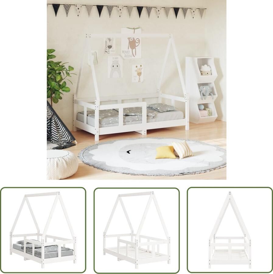 The Living Store Houten Kinderbedframe Peuterbed dakvorm Stevige lattenbodem Wit 145.5 x 75.5 x 137 cm Kinderbed Houten Bed Peuterbed Kids Bed Slaapruimte
