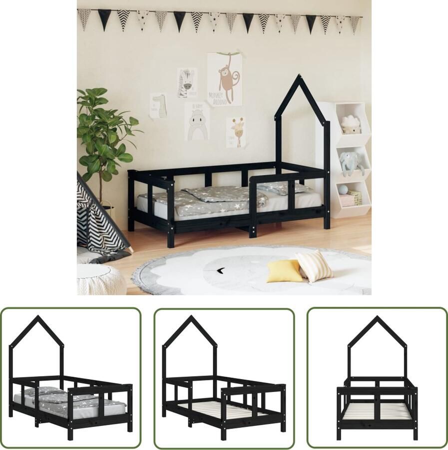 The Living Store Kinderbedframe Houten peuterbed Huisontwerp 146.5 x 75.5 x 126 cm Zwart Kinderbed Houten Bed Peuterbed Huisvormig Bed Kids Kamer