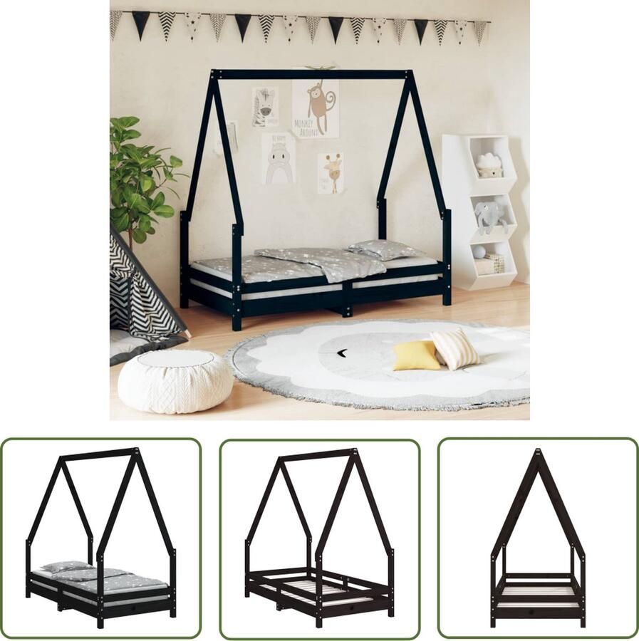 The Living Store Houten Kinderbedframe Peuterbed Massief Grenenhout Huisje Design 145.5 x 75.5 x 143 cm Zwart Kinderbed Houten Bed Peuterbed Kids Bed Design Kinderbed