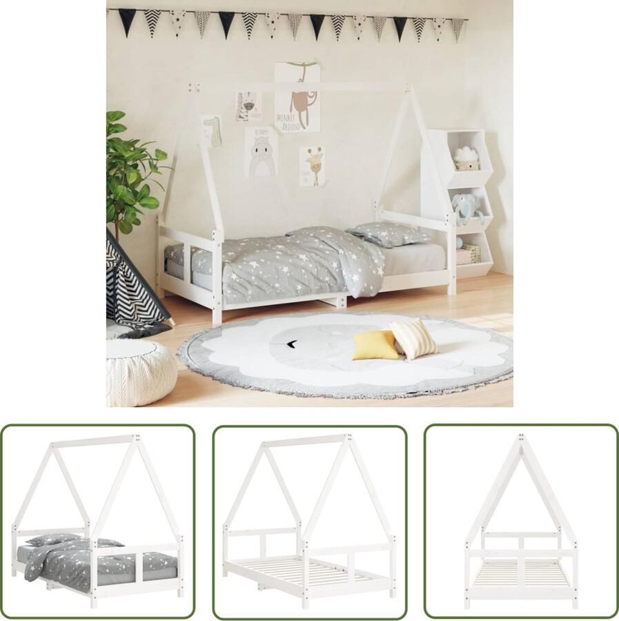 The Living Store Kinderbedframe Massief grenenhout Houten lattenbodem Dakvormig huisje Wit 165.5 x 85.5 x 133 cm Geschikt voor 80 x 160 cm matras 4+ jaar Montage vereist