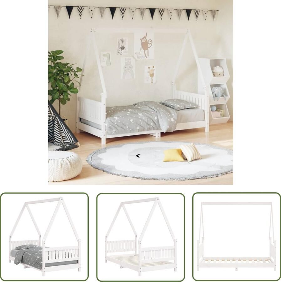 The Living Store Houten Kinderbedframe Peuterbed met dakvorm Massief grenenhout 165.5 x 85.5 x 146 cm Wit Kinderbed Houten Bed Peuterbed Kidsbed Dakvormig Bed