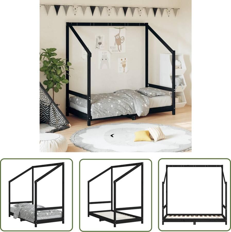 The Living Store Houten Bedframe Peuterbed Grenenhout 165.5 x 85.5 x 158 cm Zwart Kinderbed Houten Bed Peuterbed Grenenhouten Bed Zwart Bed