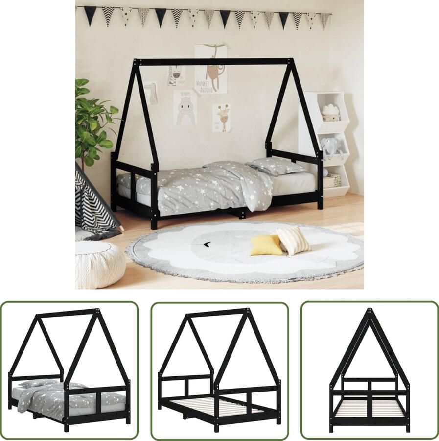 The Living Store Kinderbedframe Houten peuterbed in huis-ontwerp Massief grenenhout Stevige lattenbodem Zwart 165.5 x 85.5 x 133 cm Kinderbed Houten Bed Peuterbed Kids Bed Huisjesbed