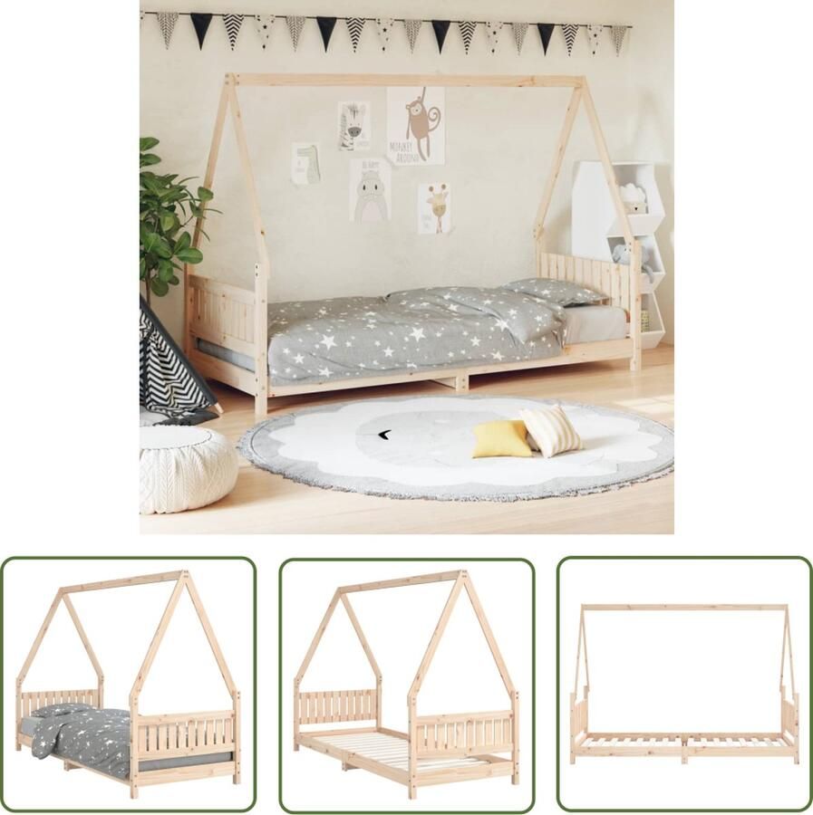 The Living Store Kinderbedhuisje Massief grenenhout 205.5 x 85.5 x 146 cm Houten lattenbodem Ontwerp met bedgordijnen Geschikt voor 80 x 200 cm matras Montage vereist Kinderbed Houten Bed Kids Bed Kinderkamers Kinderopstelling