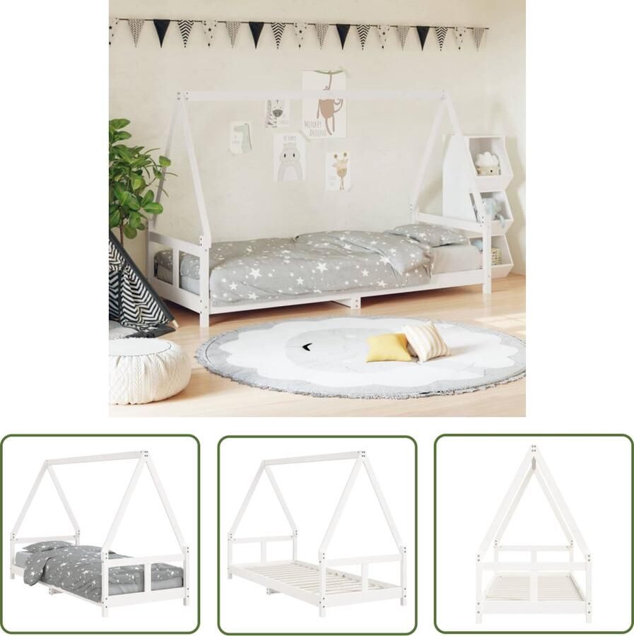 The Living Store Houten kinderbedframe wit 205.5 x 85.5 x 133 cm Massief grenenhout Stevige lattenbodem Huisje ontwerp Geschikt voor kinderen vanaf 4 jaar Kinderbed Houten Bed Kids Bed Kinderkamer Meubels Tweepersoons Bed