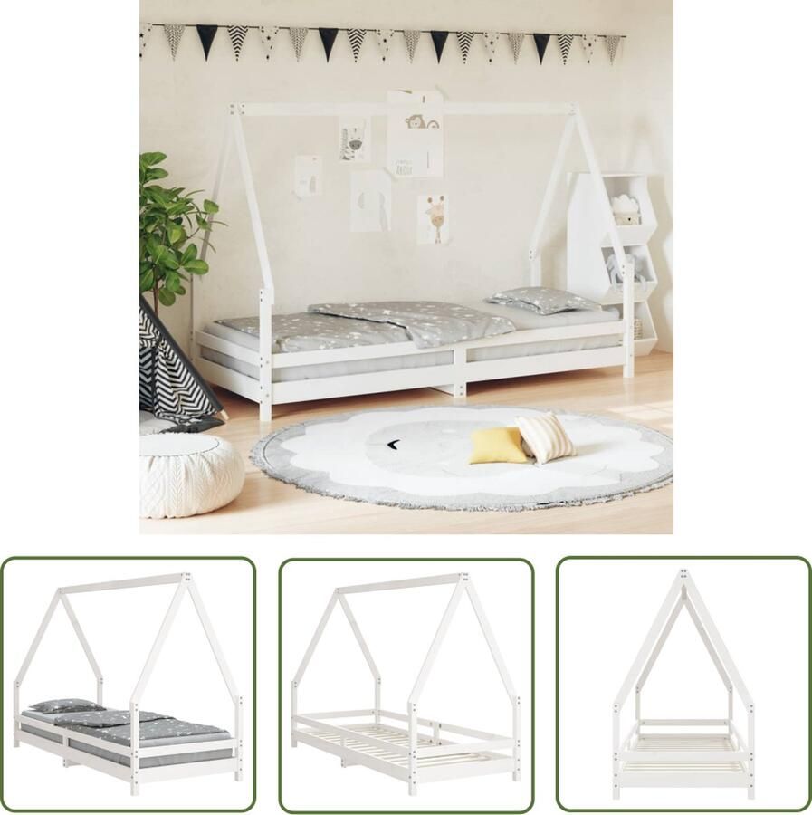 The Living Store Kinderbedframe Houten peuterbed met dakvormig huisje Wit 205.5x85.5x139.5cm Massief grenenhout Kinderbed Houten Bed Peuterbed Kids Bed Kinderkamers