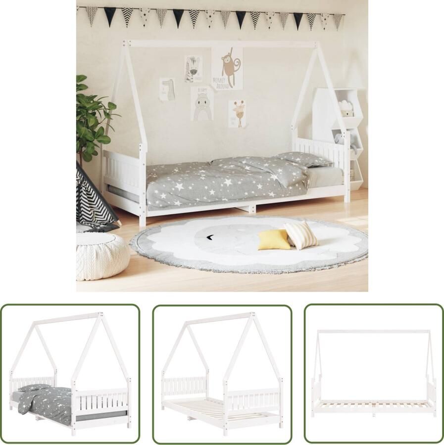 The Living Store Kinderbedframe Houten Peuterbed in Huisje Ontwerp Wit 205.5 x 85.5 x 146 cm Geschikt voor 80 x 200 cm Matras Massief Grenenhout Kinderbed Houten Bed Peuterbed Kids Bed Huisjesbed