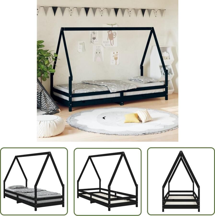 The Living Store Kinderbed Zwart Houten Peuterbed met Dakvormig Frame 205.5 x 85.5 x 139.5 cm Kinderbed Houten Bed Peuterbed Kids Bed Slaapruimte