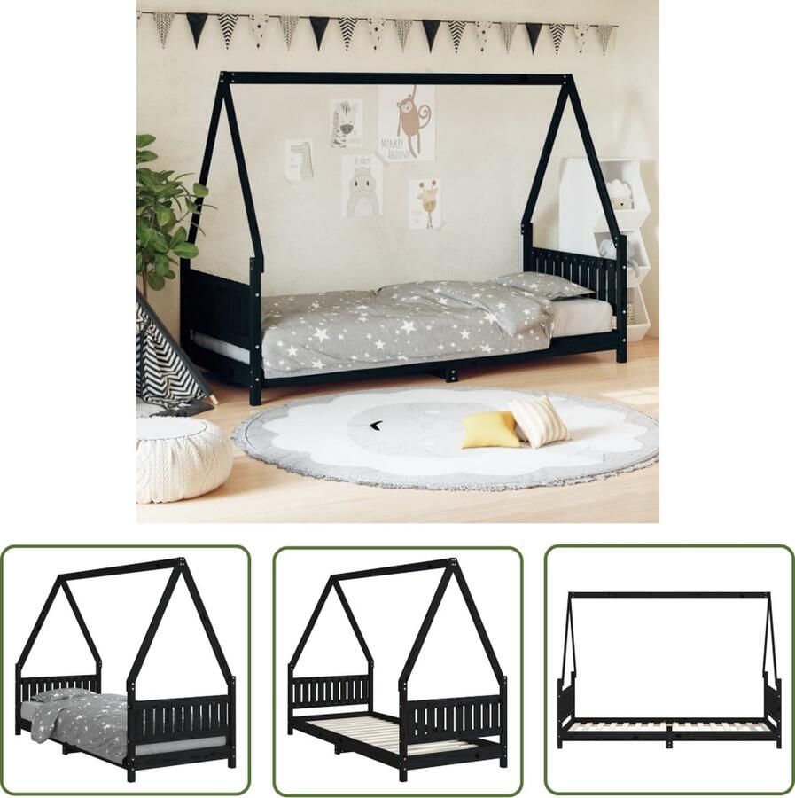 The Living Store Peuterbed Houten Kinderbedframe Huisje Ontwerp Zwart 205.5 x 85.5 x 146 cm Geschikt voor kinderen vanaf 4 jaar Montage vereist Kinderbed Houten Bed Peuterbed Kids Bed Huisjesbed