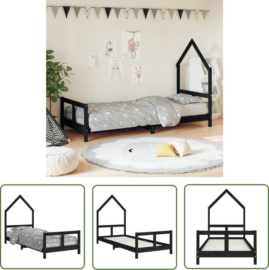 The Living Store Kinderbed Houten Peuterbedframe Zwarte Kleur Massief Grenenhout 205.5 x 85.5 x 131 cm 80 x 200 cm Matras Geschikt voor kinderen vanaf 4 jaar Montage vereist Kinderbed Houten Bed Peuterbed Kids Bed Massief Hout