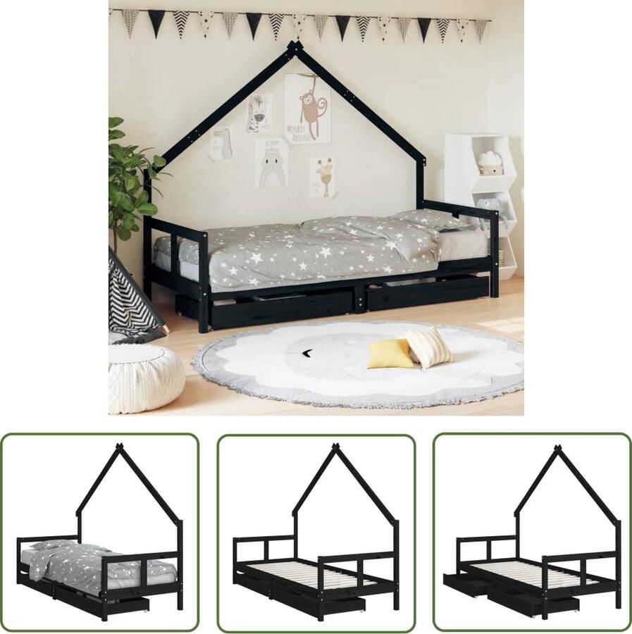 The Living Store Kinderbedframe 80x200 cm massief grenenhout zwart Kinderbed Houten Bed Peuterbed Kidsbed Huisvormig Bed