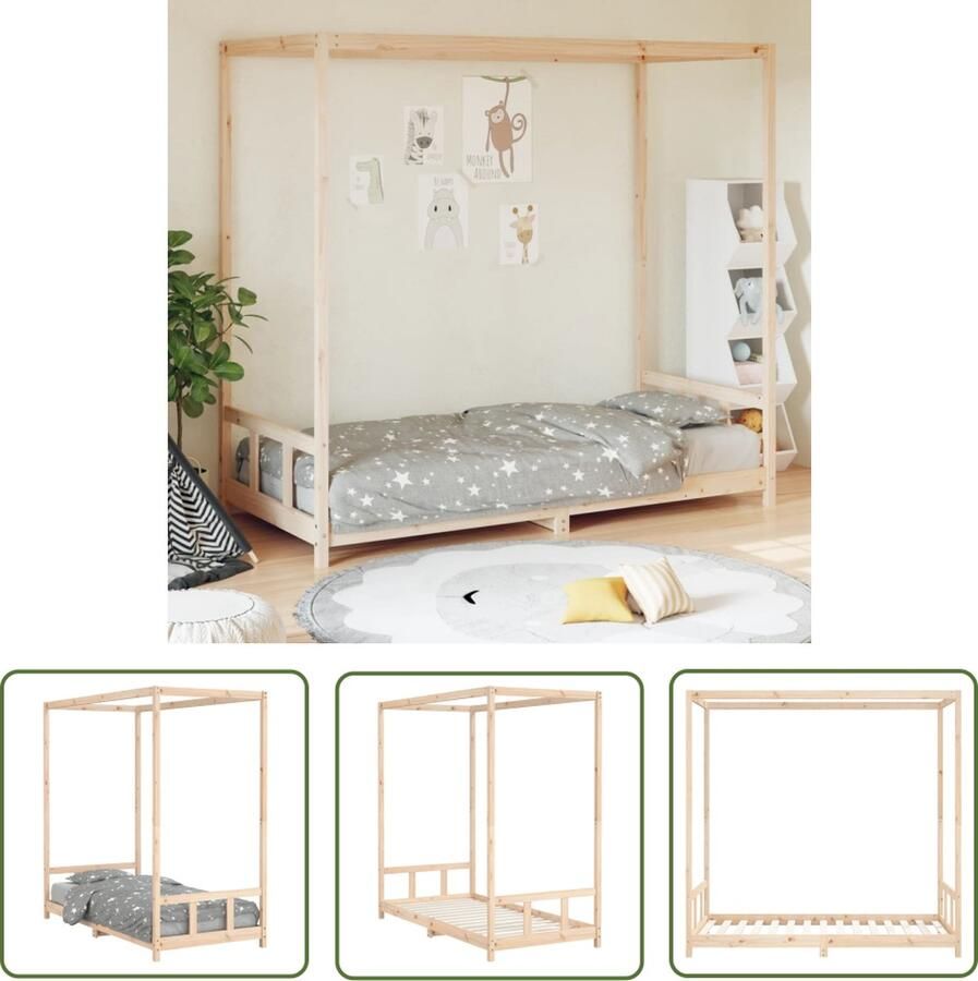 The Living Store Kinderbedframe Houten peuterbed met hemelbedontwerp Massief grenenhout 195.5 x 95.5 x 190 cm Geschikt voor kinderen vanaf 4 jaar Montage vereist Kinderbed Houten Bed Peuterbed Hemelbed Kidsbed