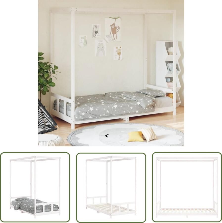 The Living Store Kindermassief grenenhouten Hemelbed 195.5 x 95.5 x 190 cm wit 90 x 190 cm (B x L) Montage vereist Kinderbed Houten Bed Hemelbed Kids Bed Kinderkamers