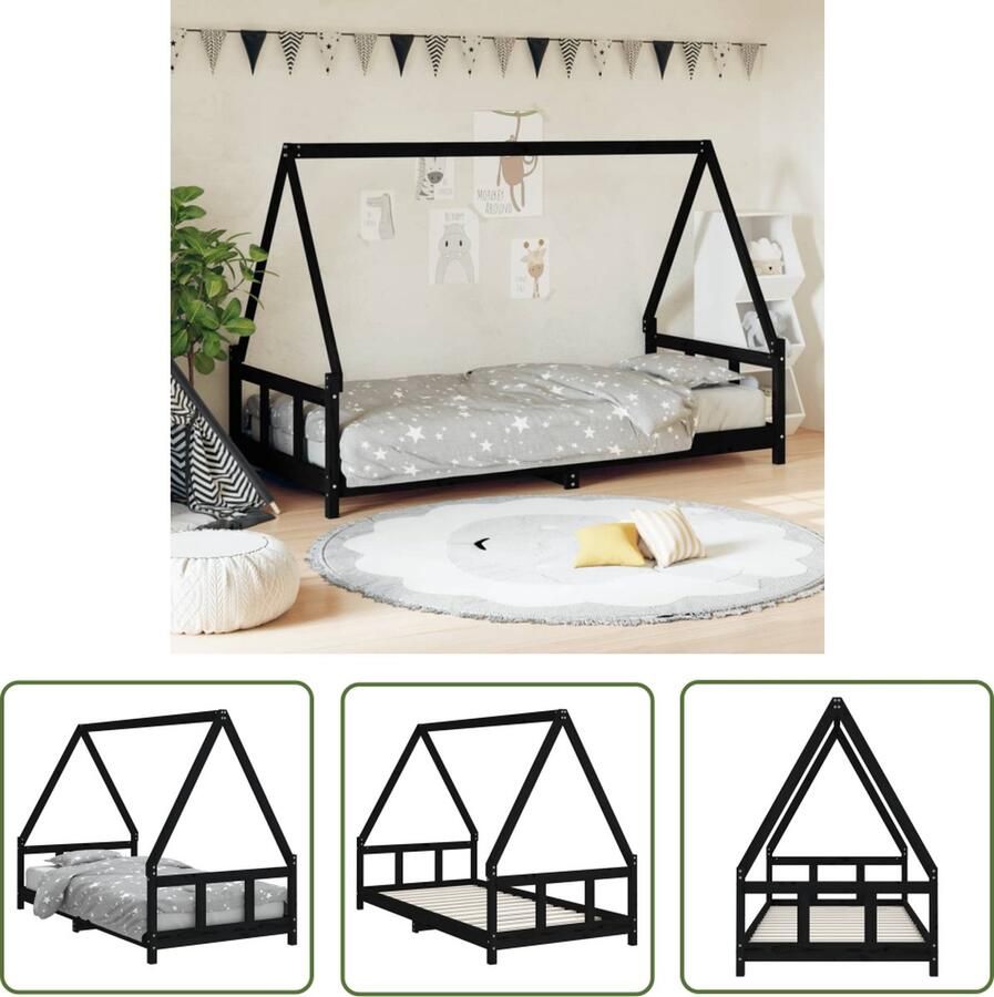 The Living Store Kinderbedframe Houten peuterbed met dakvormig frame Zwart 195.5 x 95.5 x 133 cm Geschikt voor kinderen vanaf 4 jaar Montage vereist Kinderbed Houten Bed Peuterbed Kids Bed Kinderkamersdecoratie