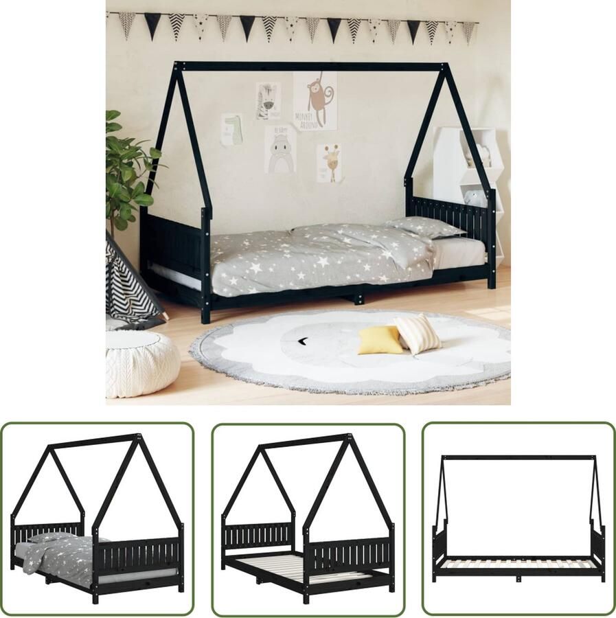 The Living Store Kinderbedframe Houten Peuterbed 195.5 x 95.5 x 146 cm Massief grenenhout Zwart Kinderbed Houten Bed Peuterbed Kids Bed Design Kinderbed