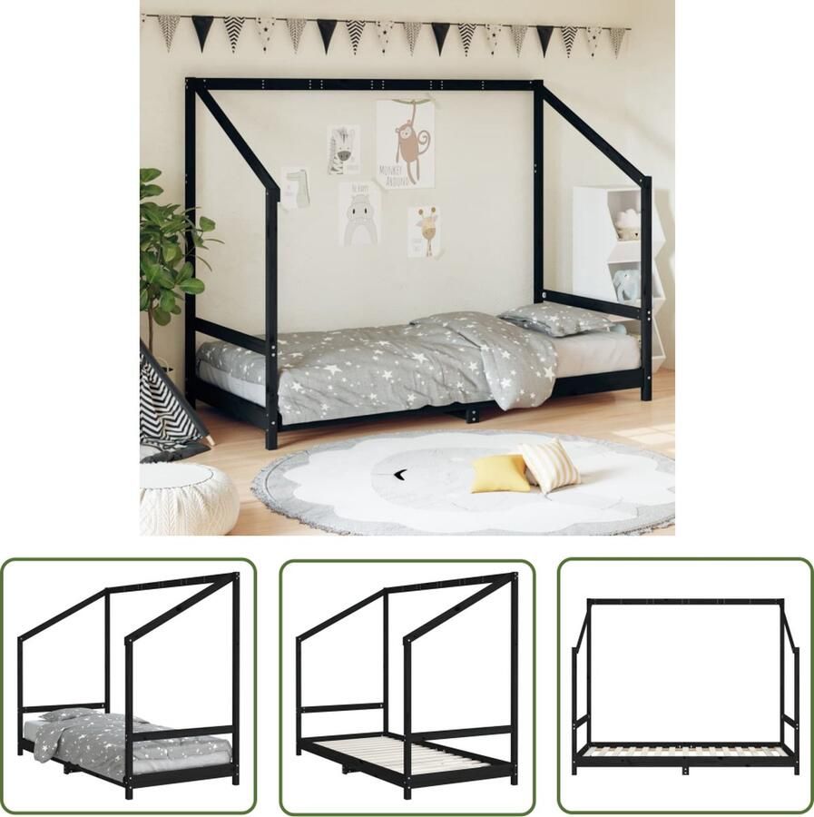 The Living Store Kinderbed Peuterbed Houten bedframe Massief grenenhout Multiplex lattenbodem Praktisch ontwerp Zwart 195.5 x 95.5 x 158 cm Geschikt voor kinderen vanaf 4 jaar Montage vereist Matras apart verkrijgbaar