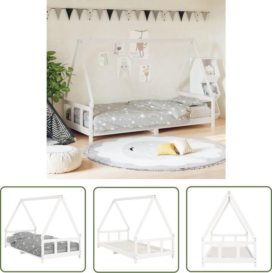 The Living Store Houten Kinderbedframe dakvorm wit 205.5 x 95.5 x 133 cm massief grenenhout Kinderbed Houten Bed Kids Bed Dakvormig Bed Witte Kinderkamer