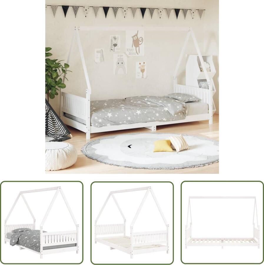 The Living Store Houten Kinderbedframe Peuterbed Dakvorm Massief Grenenhout Wit 205.5 x 95.5 x 146 cm Geschikt voor kinderen vanaf 4 jaar Montage vereist Kinderbed Houten Bed Peuterbed Kids Bed Dakvormig Bed