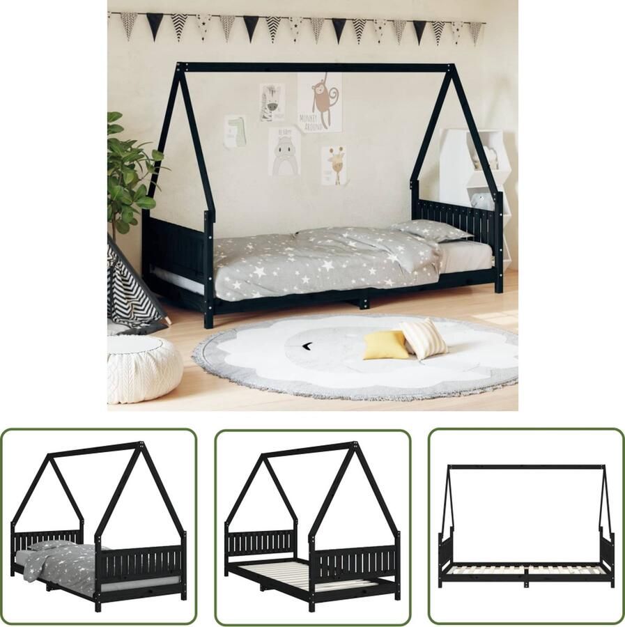 The Living Store Kinderbedframe Houten Peuterbed Huisje Design Zwart 205.5 x 95.5 x 146 cm Geschikt voor 90 x 200 cm Matras 4 jaar+ Montage vereist Kinderbed Houten Bed Peuterbed Kids Bed Huisjesbed