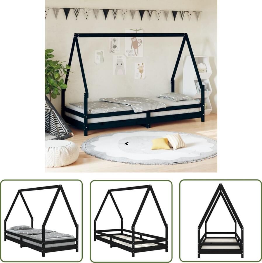 The Living Store Houten Kinderbedframe Huisje Peuterbed in Zwart 205.5 x 95.5 x 139.5 cm Massief Grenenhout Kinderbed Houten Bed Peuterbed Kids Bed Jongensbed