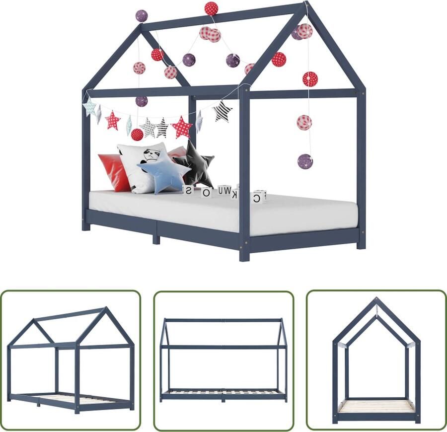 The Living Store Bedframe Boomhut 90x200 cm Grijs Massief grenenhouten frame multiplex lattenbodem Kinderbed Houten Bed Boomhut Bed Kids Bed Tweepersoons Bed