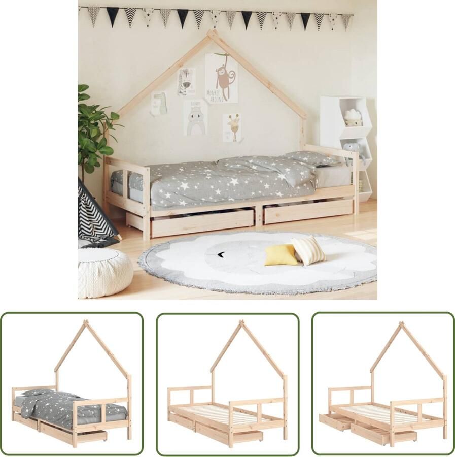 The Living Store Kinderbed Houten kinderbedframe Massief grenenhout Met huisontwerp Inclusief opberglade 205.5 x 85.5 x 163.5 cm Geschikt voor kinderen vanaf 4 jaar